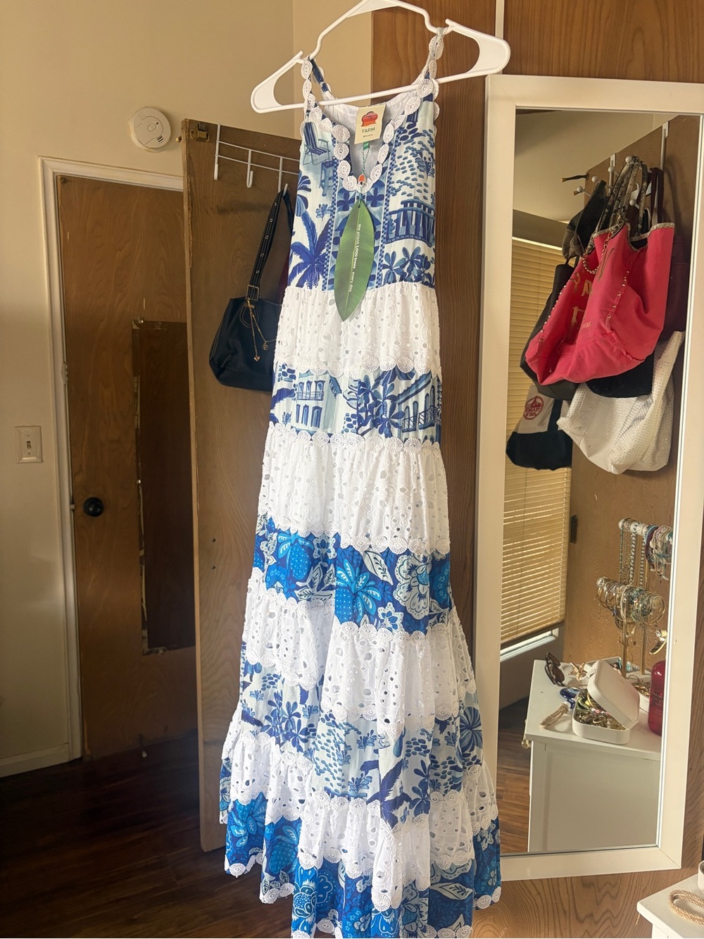 FARM Rio Blue and White Eyelet Tiered Maxi Dress